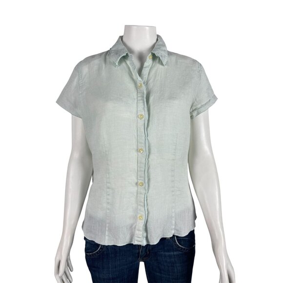 J Jill Linen Button Down Short Sleeve Shirt Small Light Green Casual Collared - Picture 1 of 7
